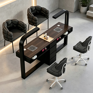 Table de manucure double moderne avec collecteur de poussière intégré, éclairage LED, tiroir de rangement, bureau en bois pour salon de beauté et de manucure - Product Image 3