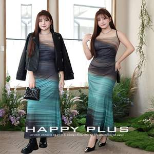 Conjunto de Vestido Largo Degradado Happy Plus, Vestido Maxi sin Mangas Estampado de Moda para Mujer Talla Grande con Chaqueta de Cuero N9002 - Product Image 3