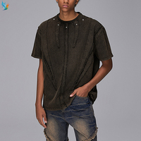 T-shirt personnalisé court décontracté patchwork à bords bruts grande taille vierge avec impression de poids lourd au soleil pour hommes