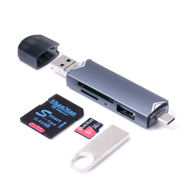 6 in 1 OTG External USB Type-C Micro USB Adapter Flash Drive Smart SM Card Reader TF Camera Mini SD