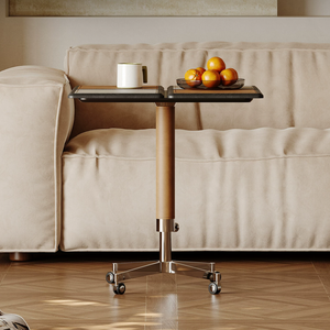 Table basse mobile et réglable avec cadre en métal et plateau en cuir, table d'appoint pour salon et chambre à coucher avec roulettes - Product Image 3