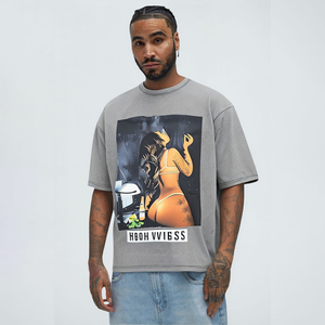 Maglietta da uomo in cotone lavata con acido Vintage retrò in maglia 100% di alta qualità stile Hip Hop a manica corta <span class=keywords><strong>dolcevita</strong></span> oversize - Product Image 1