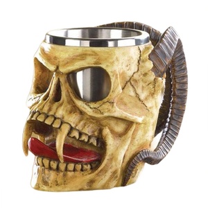 Custom Handmade Removable Polyresin with Stainless Steel Unique 3D Horn Demon <strong>Skull</strong> Drinking Cup Tankard Double Wall Beer <strong>Mug</strong> - Product Image 1