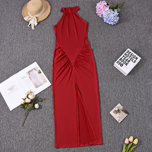 Sexy cuello Halter sin mangas apretado Bodycon mujeres frente Split Casual vestido largo vestido occidental para mujeres - Product Image 6