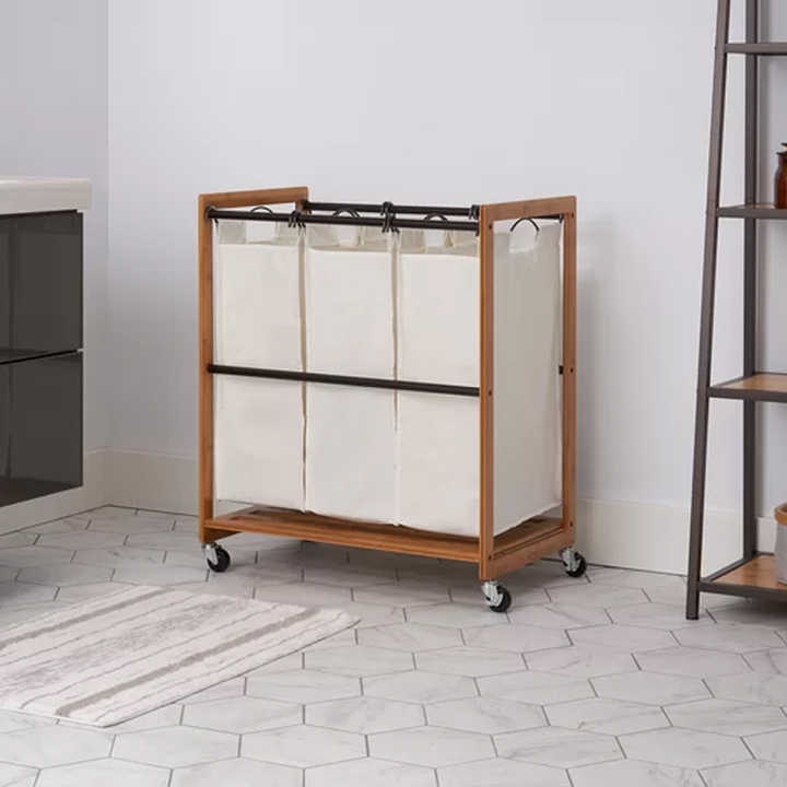 OEM & ODM Factory Rolling Laundry Sorter 3-Bag Storage Cart Fabric Handles Wheels for Bathroom Kitchen Use Food-Safe Material