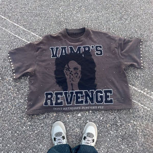 320 Gsm kapas rajutan Gotik Streetwear abu-abu t-shirt grosir berlian imitasi kustom Vintage cetak reguler cocok untuk pria kualitas tinggi - Product Image 1