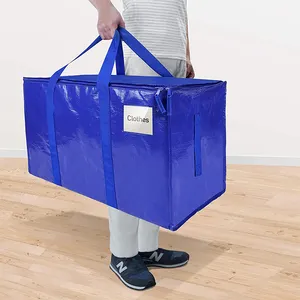 Bolsa de almacenamiento de compras tejida, bolsa móvil Extra grande y gruesa de PP con mango fuerte y cremallera para viaje