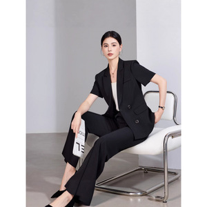 Women's Green Short Sleeve Double Breasted Blazer And Trousers Suit Set Formal Work Wear Commute Style Anti Wrinkle Worsted - Product Image 3