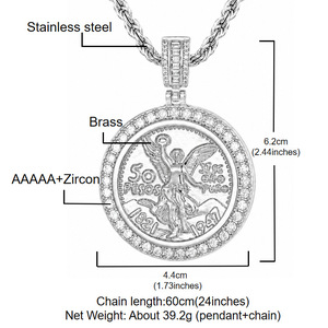 Collier Hip Hop pour Homme, Pendentif en forme de pièce de <span class=keywords><strong>50</strong></span> Peso Mexicain, motif Ange de la Liberté, entièrement micro-pavé de zircon, bijoux bling-bling, vente en gros - Product Image 2