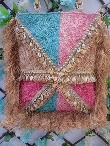 Bohemian <b>Straw</b> Tote <b>Bag</b> with Beaded Shell Trim Bamboo Handles Women's Casual Beach Handbag Fashion Trendy Designs - Product Image 3