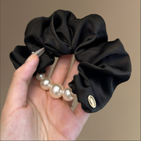 Élastique à cheveux en satin bleu marine style coréen, crème, avec garniture de perles, fait main, grande taille, élégant, doux, pour femme, pour queue de cheval basse, voyage, fête