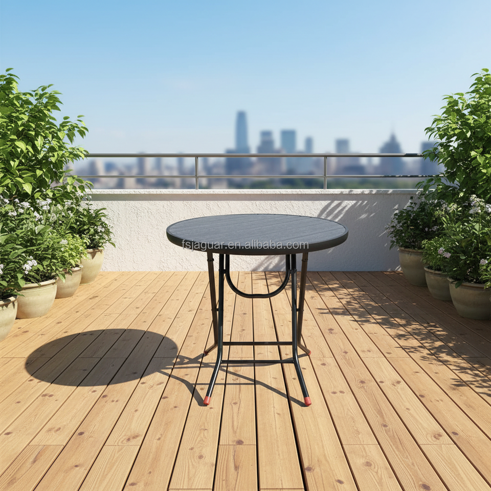 Foldable Round Wood-Look Modern Outdoor Dining Table Weatherproof ...
