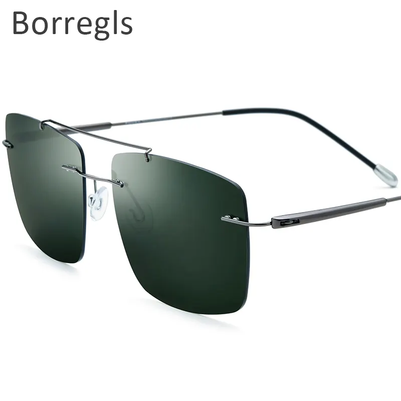 Borregls, aleación de titanio, fundición de Metal, gafas de sol sin montura para hombre, ultraligeras, sin marco, sin tornillos, gafas de sol polarizadas cuadradas 20009