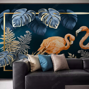 Papel Tapiz Autoadhesivo de Seda con Fondo <span class=keywords><strong>Azul</strong></span> Profundo, Flamencos y Plantas Tropicales, Impermeable, Fácil de Instalar, Moderno, para Dormitorio - Product Image 5