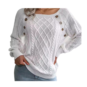 Élégant col carré boutons à manches longues pull tricoté doux extensible décontracté femmes à la mode confortable chaud pull haut - Product Image 1