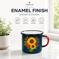 Mug de camping en émail avec logo personnalisé, vente en gros, tasse à café en métal réutilisable à bord roulé avec motif floral, design cadeau, vert armée