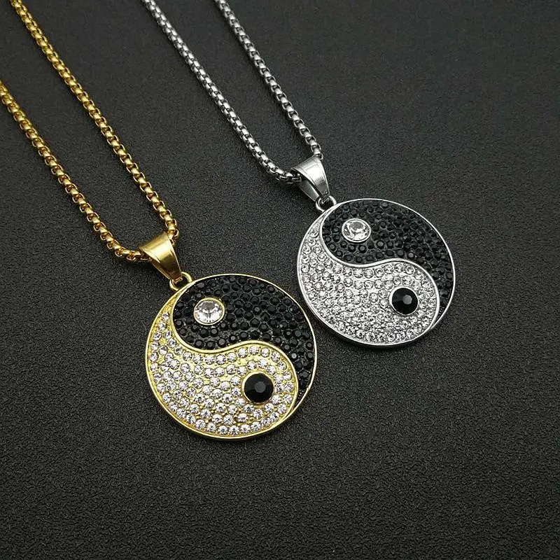 Men Hip Hop Jewelry Stainless Steel Black and White Gold Diamond Tai Chi Yin Yang Pendant Necklace