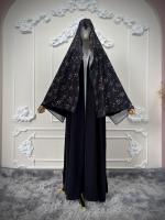 Abaya ouverte à imprimé floral noir de luxe sur mesure en gros à Dubaï pour femmes, ensemble hijab en mousseline, robe musulmane