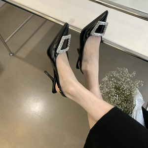 Escarpins à talon aiguille pour femme 2023, bout carré, talon haut, boucle carrée, élégants, pour soirée, mules plates, chaussures de mariée - Product Image 2