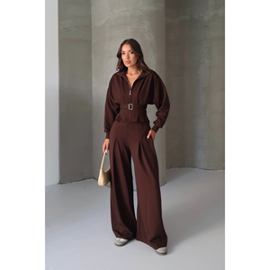 Women's Brown Modal Set Pleated Loose-Fit <b>Trousers</b> with <b>Belted</b> Zip-Up Blouse - Product Image 3