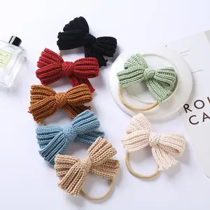 2022 Vintage Solid Color Crochet Knit Baby Hair Bow Knot Nylon Hairbands Girls Wool Knitted Bow Nylon Headband or Bow Clips