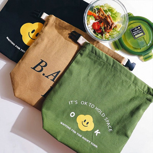 Portable Bento Bag Canvas Insulated Lunch Bag With Smiley Face Design For Picnic And Daily Use - Product Image 3