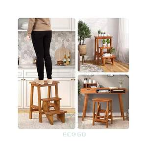 Escabeau pliable 3 marches au design moderne, échelle à marches en bois 3-en-1 avec poignée, pédale antidérapante, écologique, durable, support à fleurs, cuisine/salon - Product Image 5