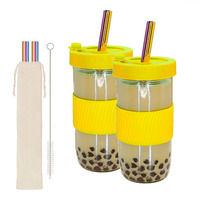 Lot de 2 bocaux Mason en verre transparent de 24 oz à large ouverture pour smoothies, avec couvercles en silicone et pailles, pour thé aux perles Boba