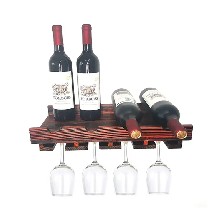 Wood Wall Mounted Rack Wine Bottle Glass Rack For Bar Floating Wine Liquor Bottle Rack With Glassware Holder Stemware Shelf