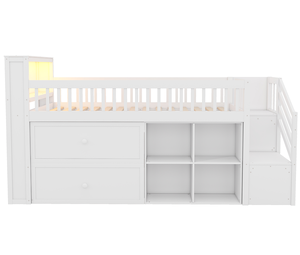 Lit mezzanine moderne réglable pour deux personnes avec étagère LED, tiroirs de rangement et escalier, cadre en bois écologique - Product Image 4