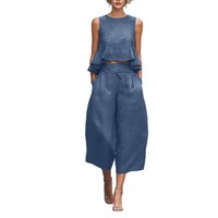 Nouvelle collection 2026 – Ensemble été transfrontalier euro-américain : Haut sans manches à épaules dénudées et ourlet volanté, pantalon court large en polyester
