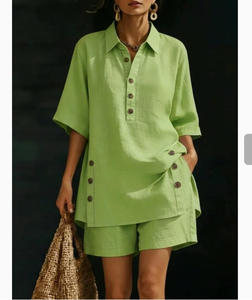 Completo Set Due Pezzi Donna Primavera Estate 2026: Camicia e Pantaloncini in Lino Casual alla Moda, Taglie Forti - Product Image 4