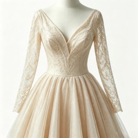 Robe de mariée vintage champagne coupe trapèze à manches longues, col en V, en dentelle et tulle, avec appliques florales