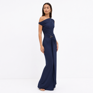 Robe sur mesure pour femme, vêtement personnalisé, bleu marine, asymétrique à une épaule, froncée, pour soirée, été, maxi - Product Image 2