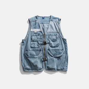 Nhật Bản Cổ Điển Rửa Hàng Hóa Mặc Nhiều Túi Denim Vest Áo Khoác Người Đàn Ông Của Tiện Ích Giản Dị Không Tay Dây Kéo Vest