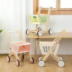 New Wooden Toy Children Role Play Simulation Supermarket Shopping Cart Baby Wooden Walker Toy Kids Trolley For Home Decor