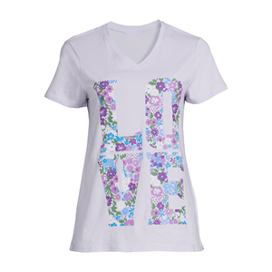 Bon prix Vêtements décontractés pour femmes T-shirt à col en V en coton à la mode pour dames et filles avec logo vierge imprimé OEM personnalisé - Product Image 1