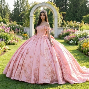 Robe de bal de Quinceañera de luxe Lsmc142 rose corail, longue, avec appliques aux épaules, corset perlé, en satin, motif floral - Product Image 1