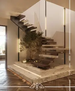 Escada de madeira maciça padrão Austrália Escada de vidro em forma de U Escada para casa reta