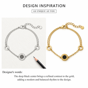 Pulsera de Acero Inoxidable con Números Romanos en Negro y Tono Dorado, Chapado al Vacío en Oro de 14K, Cadena Doble - Product Image 2