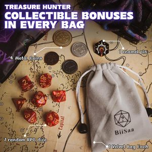 Paquete de Dados Misteriosos DND - 6 Bolsas Sorpresa, 7 Dados Poliédricos, 4 Monedas Metálicas, Pin Esmaltado, Bolsa de Terciopelo - Set Premium 1:10 - Regalo para TTRPG DMS - Product Image 5