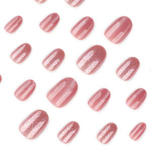 Uñas Postizas con Efecto Ojo de Gato Rosa Brillante, Uñas Simples con Purpurina, Puntas de Uñas Cortas y Redondas, Producto Terminado - Product Image 3