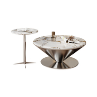 Ensemble de table basse ronde moderne en 2 pièces, plateau en marbre naturel avec base en acier inoxydable poli