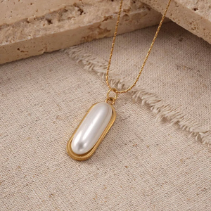 Trendy Long Oval <b>Pearl</b> <b>Necklace</b> For Women 304 Stainless Steel Vacuum Electroplated 18K Real <b>Gold</b> Non Fading Pendant Cable Chain - Product Image 2