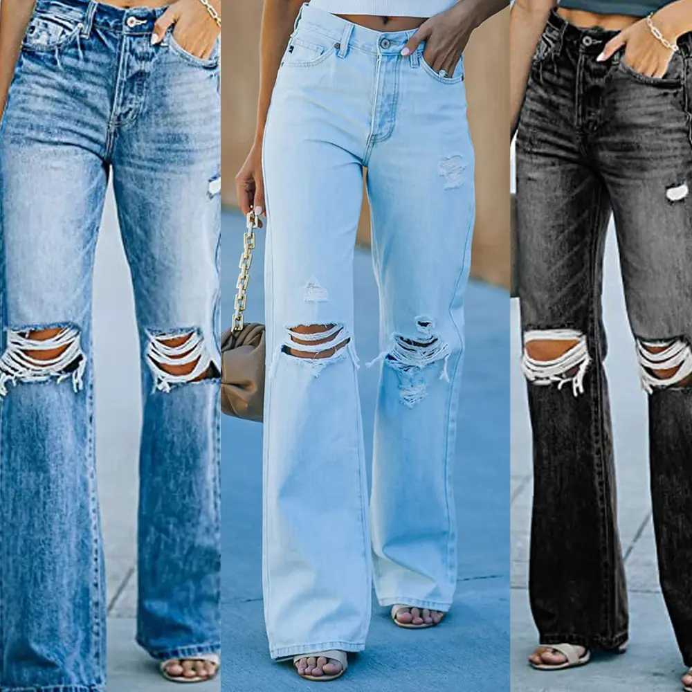Женские рваные джинсы Quites 2023, голубые джинсы с высокой талией и широкими штанинами