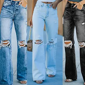 Quites 2023 Ins Blue Jeans For Women High Waist Washed Ripped Bell Bottom Jeans Casual Wide Leg Pants Jeans