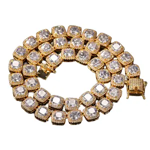 嘻哈10毫米铜方形网球链项链闪亮锆石镀金时尚饰品配件