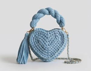 Bolso de Ganchillo con Adorno de Corazón – Bolso de Hombro Boho Azul Cielo Étnico y Elegante con Perlas y Dos Correas, Tejido con Cordón de Algodón - Product Image 1