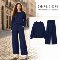 Vente en gros de vêtements pour femmes, ensemble deux pièces en tricot personnalisé ODM, col rond, manches longues, pantalon, pour l'automne et l'hiver