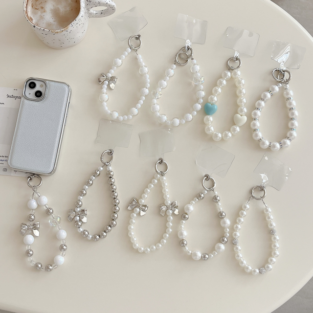 Cute Handmade Luxury Pearl Mobile Phone Lanyard Wrist Strap Lady Hand-held Chain Short Anti-lost Cell Phone Cute Key Pendant
